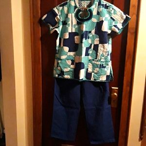 Scrubs LG blue pants..SM multi blue shirt